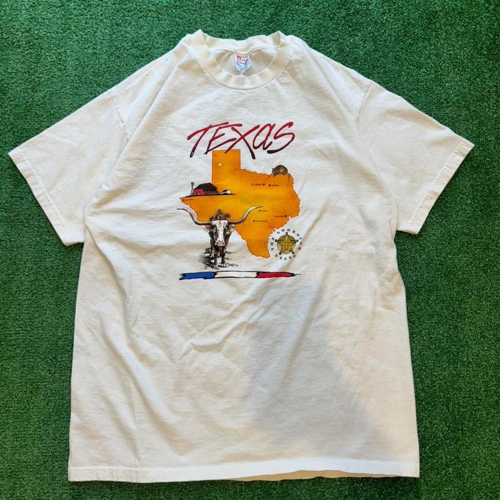 Vintage 90s Texas Map Single Stitch White Tee shirt size Large